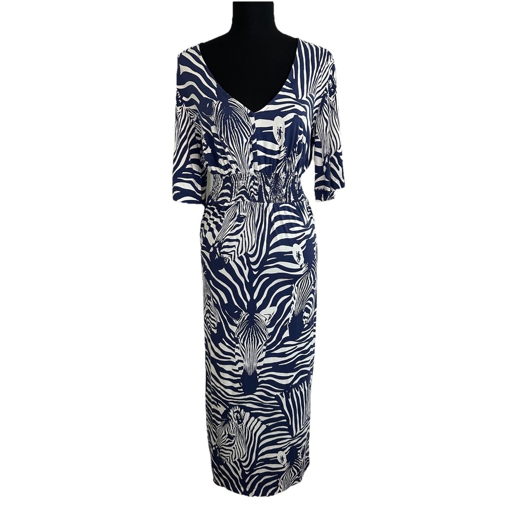 Tori Richard Honolulu Women M Blue Cream Zebra Long Dress V-Neck Resort Vacation